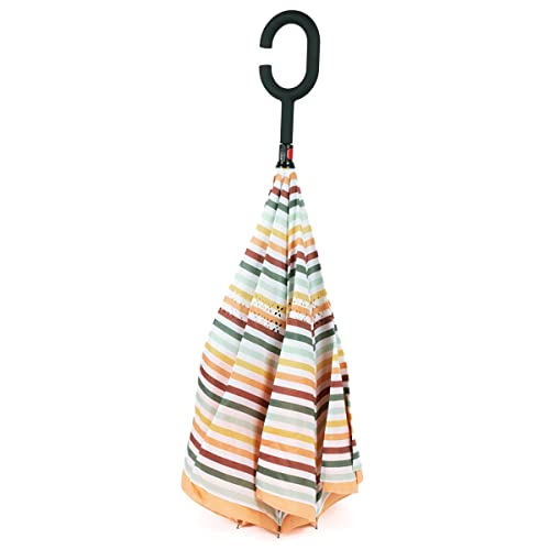 Nollia Double Layer Inverted Umbrella - C Shaped Handle Reverse Folding Windproof Umbrella (Light Orange Solid With Stripe) #TOP1