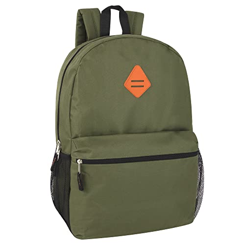 Trail maker Mochilas escolares grandes com bolsos laterais de malha – Mochilas clássicas de 48 cm de cor sólida para crianças, homens, mulheres, viagens (verde e laranja)
