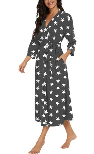 Image of VINTATRE Robes for Women Long Knit Bathrobe XS-4XL | 3 /4 Sleeve Bathrobes with Pockets, Stretchy and Lightweight Fabric, Inner Tie and Fixed Outer Belt, Mid Calf Length