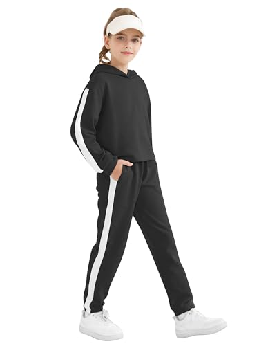 Girls 2-Piece Cotton Outfit Sweatshirts Sweatpants Set Youth Girls Pullover Casual Hooded Tops Pants Tracksuits
