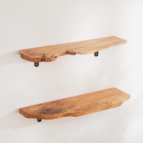 PJCOLL 壁に直接取り付ける天然モミ材の棚板付き棚頑丈なフローティングウォールシェルフ 2枚セット