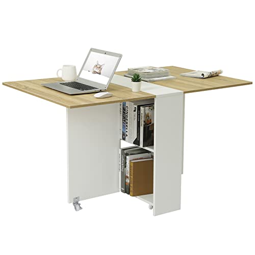 Tiptiper Folding Dining Table with 6 Casters, Drop Leaf Dining Table with Storage Shelves, Folding Kitchen Table for Small Apartments, Pear Wood Color and White