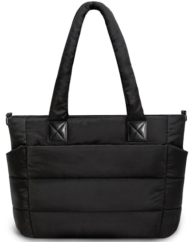 Tote Bag for Women Puffer Tote Bag Large Quilted Nurse Bag with Zipper for Work Travel (Black)