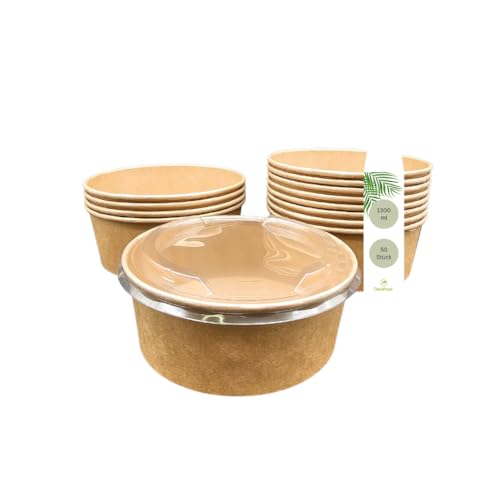 DeinPack 50 Salatschale to go mit Deckel braun rund 1300 ml I Salatschale Kraftkarton Verpackung mit PLA Innenbeschichtung I Deckel aus recyceltem PET