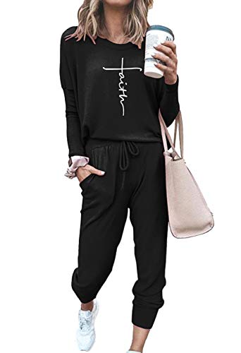 Fixmatti Women Sweatsuit Pant Set Faith Letter Printed Shirt Sweatpants Jogging Suit Black 2XL