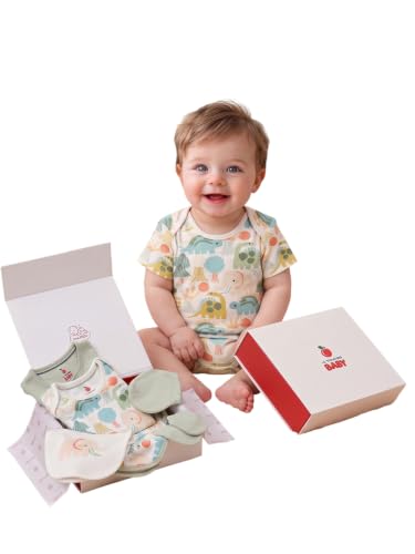 Image of 6 Pcs Clothing Gift Set with Box, 100% Cotton Soft & Breathable 6-Piece Layette Set with Bodysuit, Romper, Bib, Cap, Mittens & Swaddle, 0-12 Months, All-Season Wear