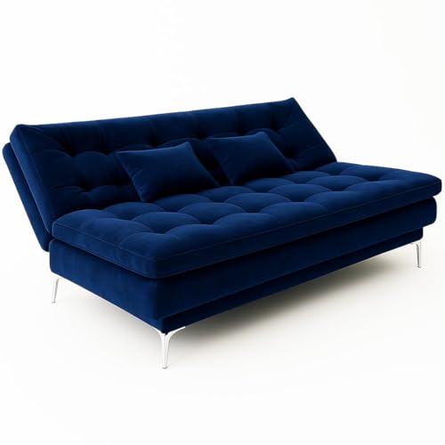 Image of FURNY Legle 3 Seater Fabric Sofa Cum Bed with 2 Cushions (Dark Blue) with Velvet Fabric | Durable with Comfort | Perfect for Living Room, Bedrooms, Offices