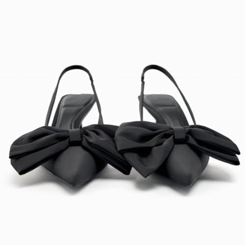 Black Heels with Bow Pumps for Women Stiletto Heel Satin Slingback Spring Shoes2