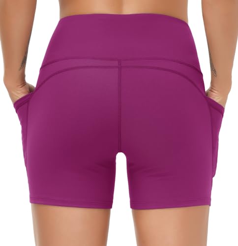 Image of THE GYM PEOPLE High Waist Yoga Shorts for Women's Tummy Control Fitness Athletic Workout Running Shorts with Deep Pockets