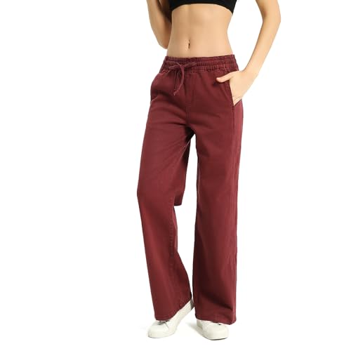 Women's Elastic Waist Wide Leg Pants High Waist Tummy Control Straight Leg Drawstring Lounge Sweat Jeans with Pocke