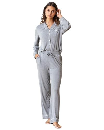 Cozy Earth 100% Viscose From Bamboo Long Sleeve Pajama Set For Women - Button-Up Sleepwear Grey