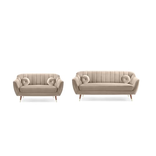 Image of AMATA Marino Solid Wood 3+2 Seater Cream Suede Velvet Sofa Set with Two Cushions Perfect for Home Office Guests Living Room (04 Cream, 3+2 Seater)(03 Year Warranty)
