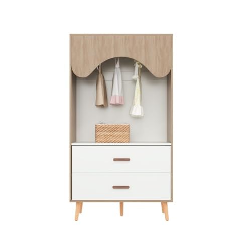 Merax Armoire pour enfant avec tringle à vêtements et tiroirs - Armoire ouverte - Blanc + bois naturel - 80 x 46 x 141,5 cm - Avec poignées en bois massif - Pour chambre d'enfant et chambre à coucher
