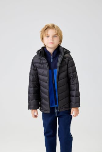 Image of Boys Hooded Lightweight Puffer Jacket Waterproof Kids Winter Coat | Stand-Up collar, elastic hood and cuffs, soft chin guard, inside pocket. Chevron Stitching Secures Fill, windproof shell.