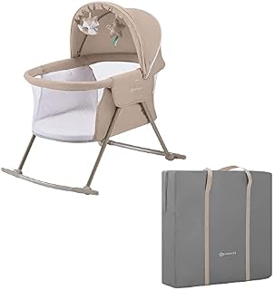 Kinderkraft Baby Crib 3 in 1 LOVI, Cradle, Travel Cot, Rocker, Easy Folding and Unfolding, Adjustable Canopy, with Accessories, Mattress Cover, Included Toys, Transport Bag, for Newborn, 0-9 kg, Beige
