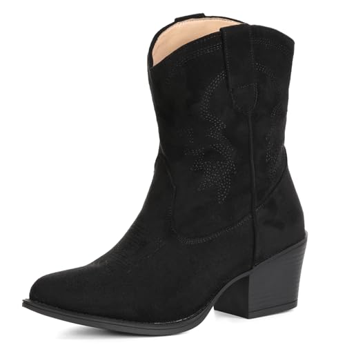 Image of IXU Cowboy Boots for Women Ankle Cowgirl Booties Wide Mid Calf Pointed Toe Western Boots Short Chunky Classic Booties