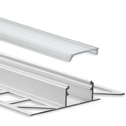 Profilé en aluminium pour carrelage LED - 2 m - Avec Cache – Carrelage – Aluminium pour bandes LED jusqu'à 12 mm de largeur – 2000 mm de longueur (carrelage profilé en T – Couvercle transparent).