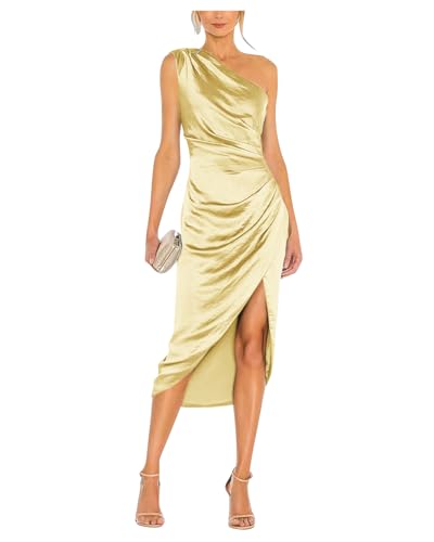 Image of Satin Bridesmaid Dresses for Women One Shoulder Prom Dress Pleated Midi Formal Cocktail Gown Wedding Guest Dress with Slit