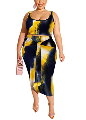 Image of Plus Size Women 2 Piece Outfits Sets Sexy Tracksuit Midi Dress,Sleeveless Tank Top Bodycon Skirts Set Casual Summer