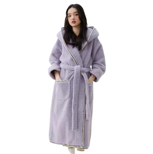 HYKJCSS Albornoz Batas For Mujer Albornoz con Cuello Chal Y Cinturón De Forro Polar Cálido Bolsillos Ropa(Purple,XL)