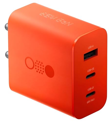 Image of CMF by Nothing 65W Gan 3-Port Type C Super-Fast Charger Adapter with 1M Cable for CMF Phone 1, Nothing Phone 2, Phone 2a, Phone 2a Plus, Samsung S24Ultra, iPhone 16, Pad,Tablet | 65W,45W,18W, Orange