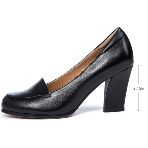 Mona flying Women's Leather Closed Round Toe Chunky High Heel Pumps Formal Court Shoes Office Work Dress Shoes for Ladies2