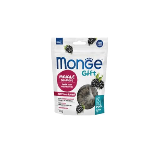 Monge Snack Cane Gift, snack per cani cuccioli di tutte le taglie, gusto Maiale con More, senza cereali,favorisce il sostegno immunitario | | 3 confezioni da 150 grammi l’una.
