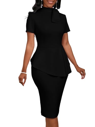 Image of WanMem Women Formal Bodycon Peplum Cocktail Dress Short Sleeve Bow Ruffle Pencil Party Midi Dresses