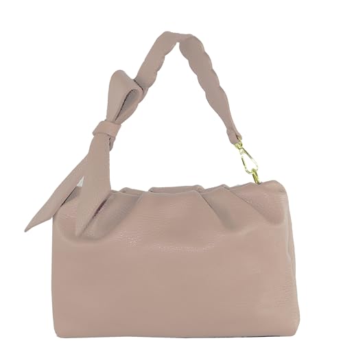 modamoda de - T254 - ital. Damen Henkeltasche Klein aus Leder, Farbe:Rosabeige