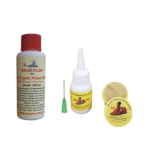 GEAR- FLON Modellbahn Pflegeset Hochleistungsfett 20g Hochleistungsöl 25ml auf Teflon-Basis Modellbahn-Reiniger 100ml Cover