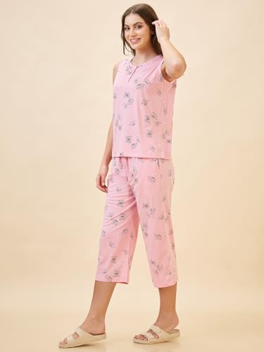Image of AV2 Women's Cotton Printed Round Neck Short Sleeve Night Suit Set | Capri Set | Casual Night Dress for Women-2127