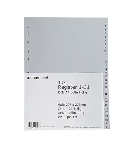 10er Sparpack Register 1-31 A4, volle Höhe, Universallochung PP Kunststoff grau 297 x 225mm Trennblätter Ziffern 1-31 Cover