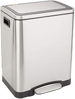Amazon Basics Podwójny, prostokątny kosz na śmieci z pedałem nożnym umożliwiającym ciche zamknięcie, 30 litrów (kosze wewnętrzne: 2x15 litrów), szczotkowana stal nierdzewna