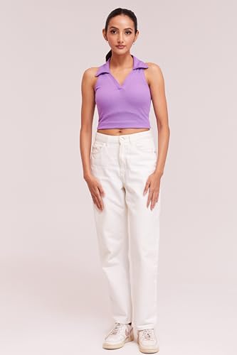 Image of BERRY BIRD Stylish Sleeveless V-Neck Slim Fit Collar Ribbed Knit Tank Crop Tops for Women & Girls Beach and Gym Wear and Western Trendy Fashion