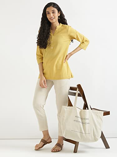 Image of SAADAA Women Short Kurti Airy Linen Regular Fit Kurta with 3 /4th Sleeves, Mandarin Collar, Side Slit Perfect for Casual, Formal, and Ethnic Wear