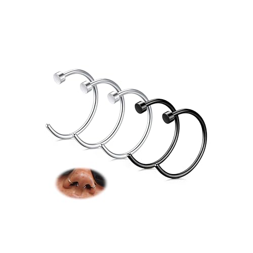 FIBO STEEL 18G 20G 22G Nose Rings Hoops Surgical Steel Nose Rings for Women Men Simple Half Hoop Nose Ring 8mm 10mm Nose Piercing Jewelry(Silver+Black Tone, 20G8MM)