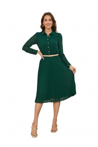Image of Business Casual Shirt Dress for Women Long Sleeves Pleated Midi Dresses with Belt