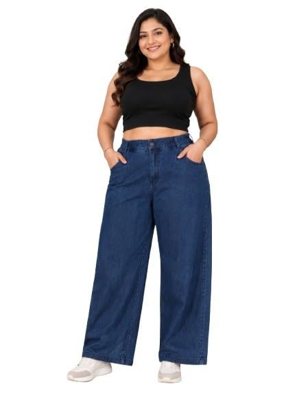 Plus Size Dark Blue Wide Leg Jeans for Women S to 9XL | High Waist Denim Palazzo Pants | Relaxed Fit Stretch Bottom Wear for Curvy Women-picture-38