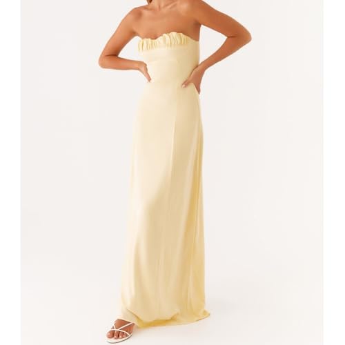 Image of Women Tube Top Maxi Dress 2025 Elegant Sleeveless Strapless Ruched Flowy Summer Long Wedding Party Cocktail Dresses