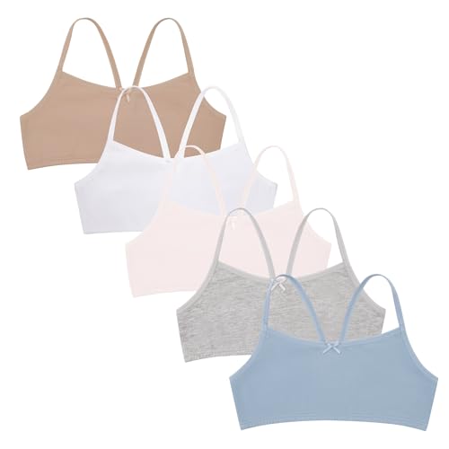 Rene Rofe 5 Pack Cotton Girls Training Bras - Racerback Crop Cami Training Bras for Girls Blush/Beige