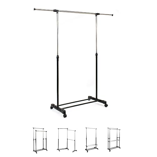 THE SECRET HOME - Perchero Burro Ajustable de Metal con Ruedas - Alto. 155 cm x Largo. 145 cm - Burro Extensible para Ropa - Organizador para Dormitorio, Entrada, Pasillo (Modelo 5)