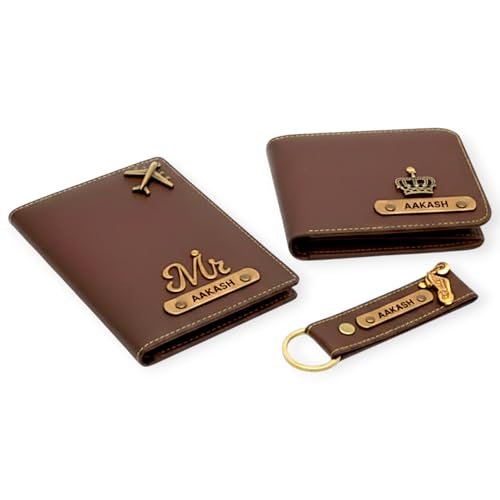 Image of Customized Wallet, Passport Cover & Keychain Combo Set for Men | Personalised Name Engraved Combo Sets | Custom Gift for Man Husband Boyfriend Father Birthday Rakhi & Anniversary