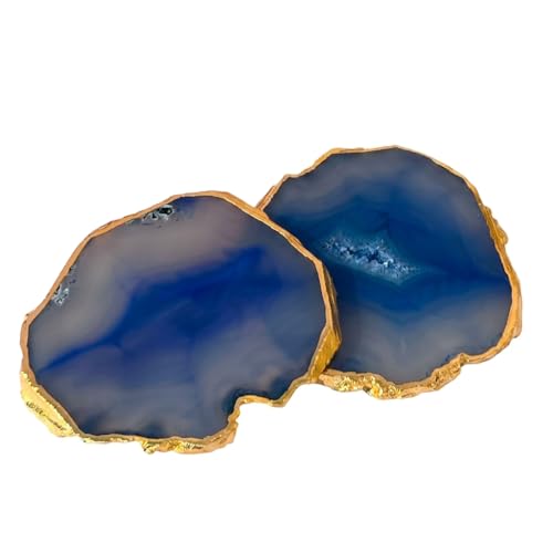 Image of Brazilian Blue Agate Stone Coaster Set of 2, Beautiful Handmade Coasters Fit for Tea Cups, Coffee Mugs and Glasses, Table Accessories and Premium Tableware Decor for Home and Office
