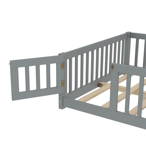 Bellemave Full Size Montessori Floor Bed with Slats and Center Support Bar, Full Size Montessori Bed with Fence, Floor Beds for Kids, Girls, Boys
