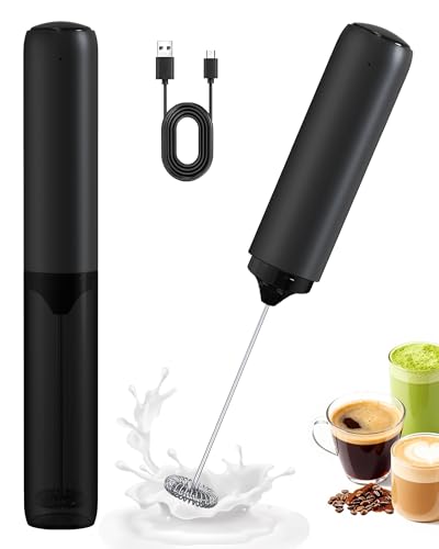 Image of Rechargeable Milk Frother Handheld with Cover, Electric Drink Mixer with Stainless Steel Whisk - Portable Hand Frother Wand for Matcha Latte Cappuccino & Hot Chocolate