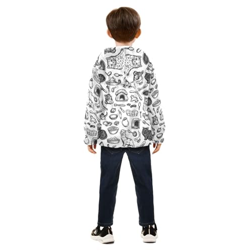 Black White Line Cat Girls Fleece Jacket Girls Fall Jacket Boys Coats Zip Up Hoodie Children Sherpa Warm Outerwear 2-10T4