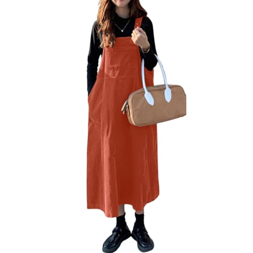 chouyatou Women's Cute Sleeveless Corduroy Jumper Dress Flare Midi Long Pinafore Dress with Pockets (Medium,Orange)