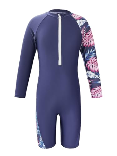 Image of Girls One Piece Rash Guard Swimsuit Long Sleeve Swimsuits with Zipper Patchwork Beach Bathing Suit for Kids 4-13 Years