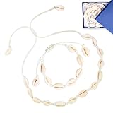 zizitips Juego de 2 piezas de conchas naturales, collar ajustable 55 cm y pulsera 30 cm con caja de almacenamiento, bisutería boho veraniega para mujer y niña, accesorios de playa regalo elegante