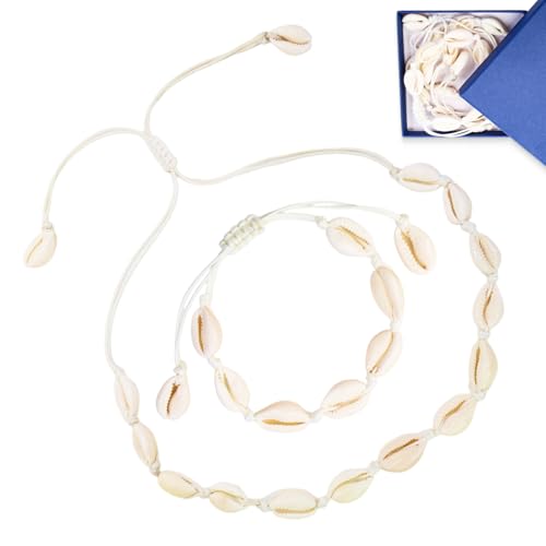 Collier coquillage et bracelet femme fille, 2 pièces bijoux coquillages naturels réglables avec boîte de rangement, collier de plage boho chic été, ras de cou surfeur, idée cadeau accessoire mode